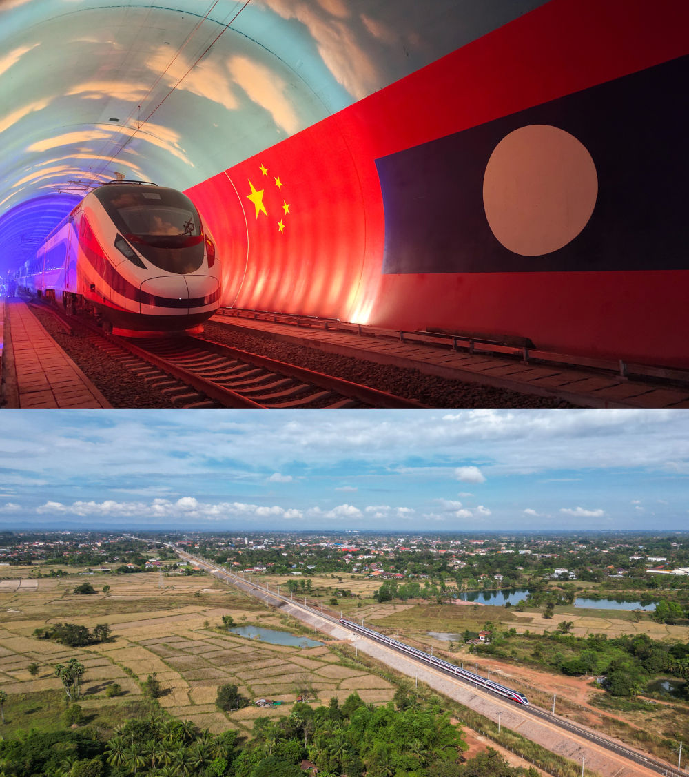 Above: On October 15th, 2021, the EMU Lancang passed the border between China and Laos in the Friendship Tunnel. Xinhua News Agency (photo by Cao Anning) Below: On November 25, 2022, the "Lancang" EMU was driving on the Laos section of China-Laos Railway on the outskirts of Vientiane, Laos (aerial photo). Xinhua News Agency (photo by Kaiqiao)